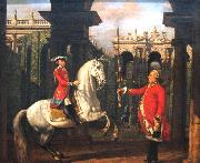 Colonel Piotr Konigsfels teaching Prince Jozef Poniatowski how to ride Bernardo Bellotto